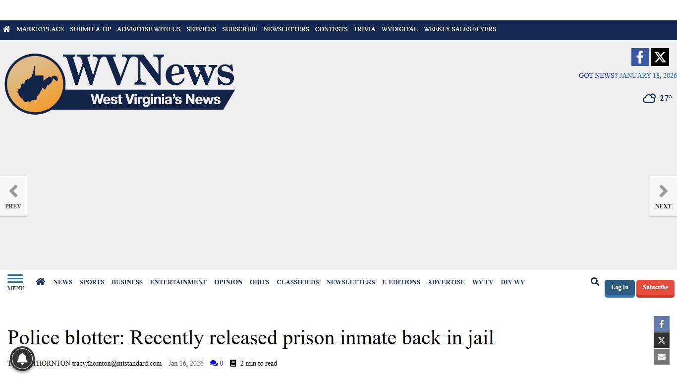 Police blotter: Recently released prison inmate back in jail | Around The Web | wvnews.com